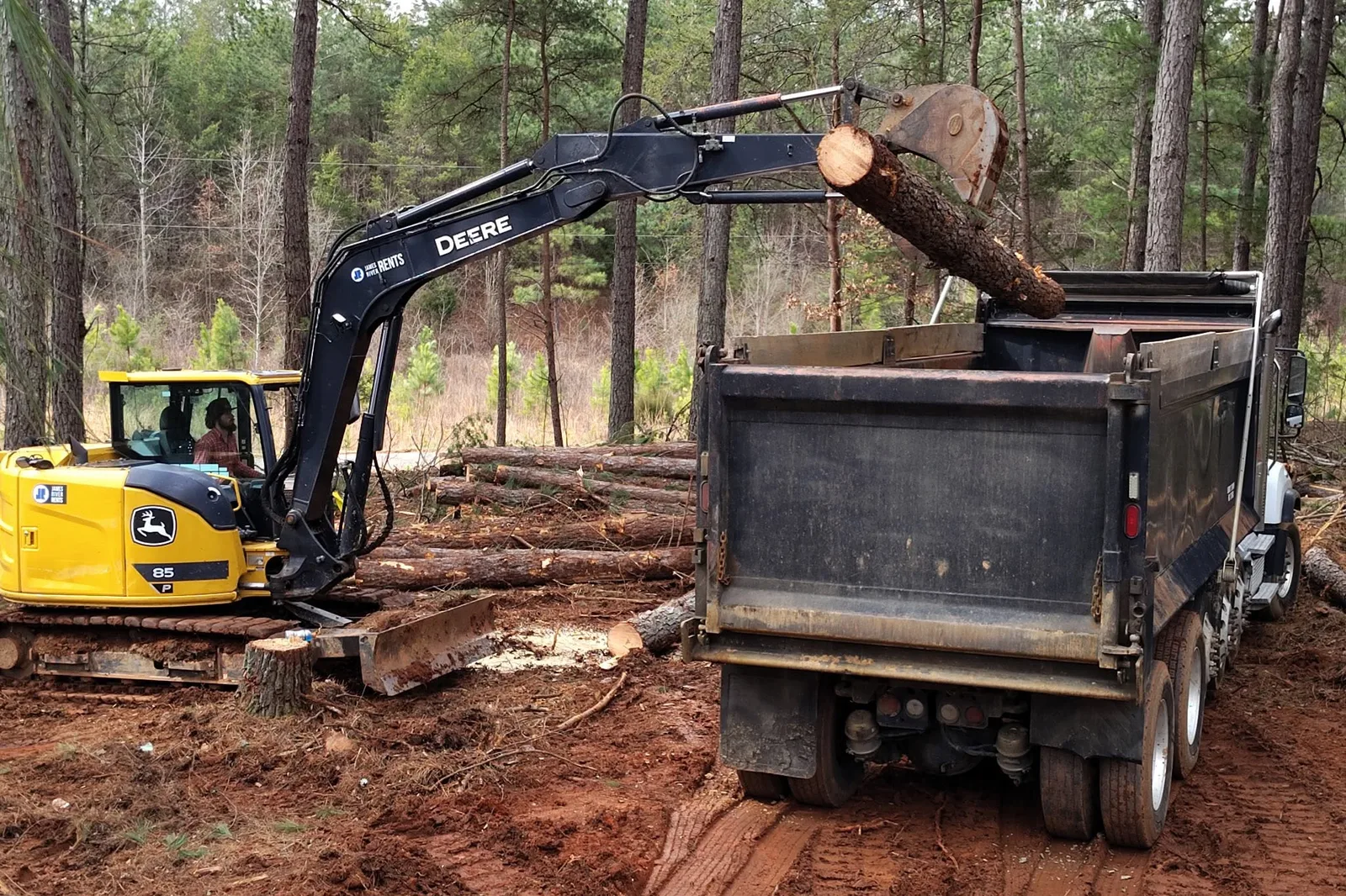 Titan Built excavator loading cleared logs into a dump truck during a Charlotte-area land clearing job
